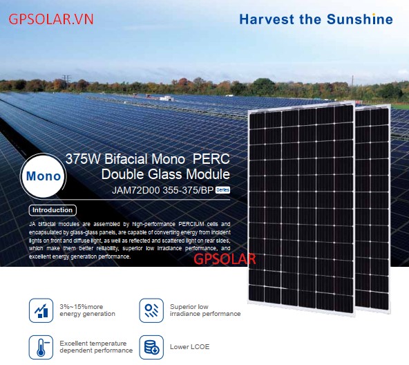 Tấm pin JAsolar Duoble Glass 370wp JAM72D00 / BP