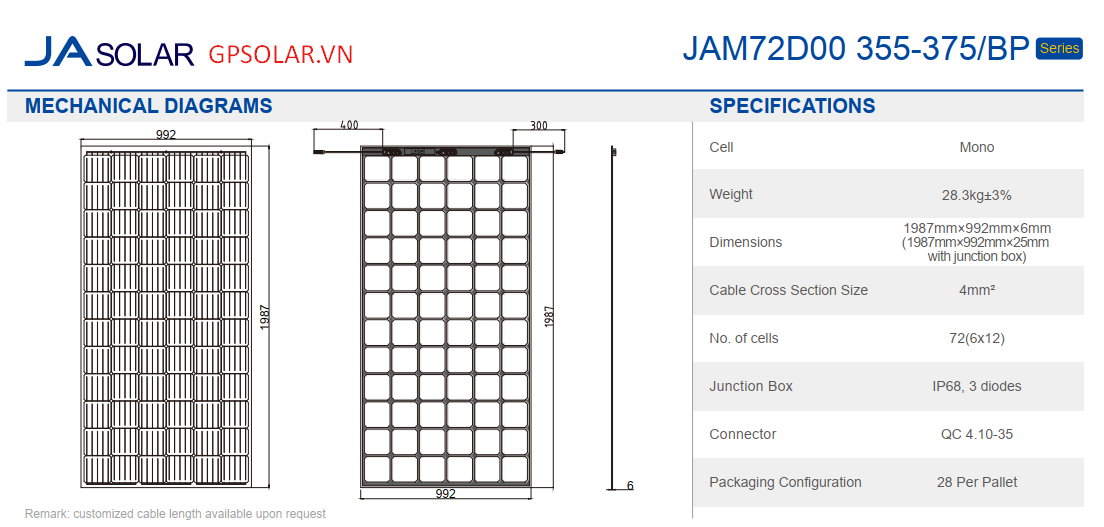 thong so ky thuat tam pin 2 mat kieng jasolar | GPsolar