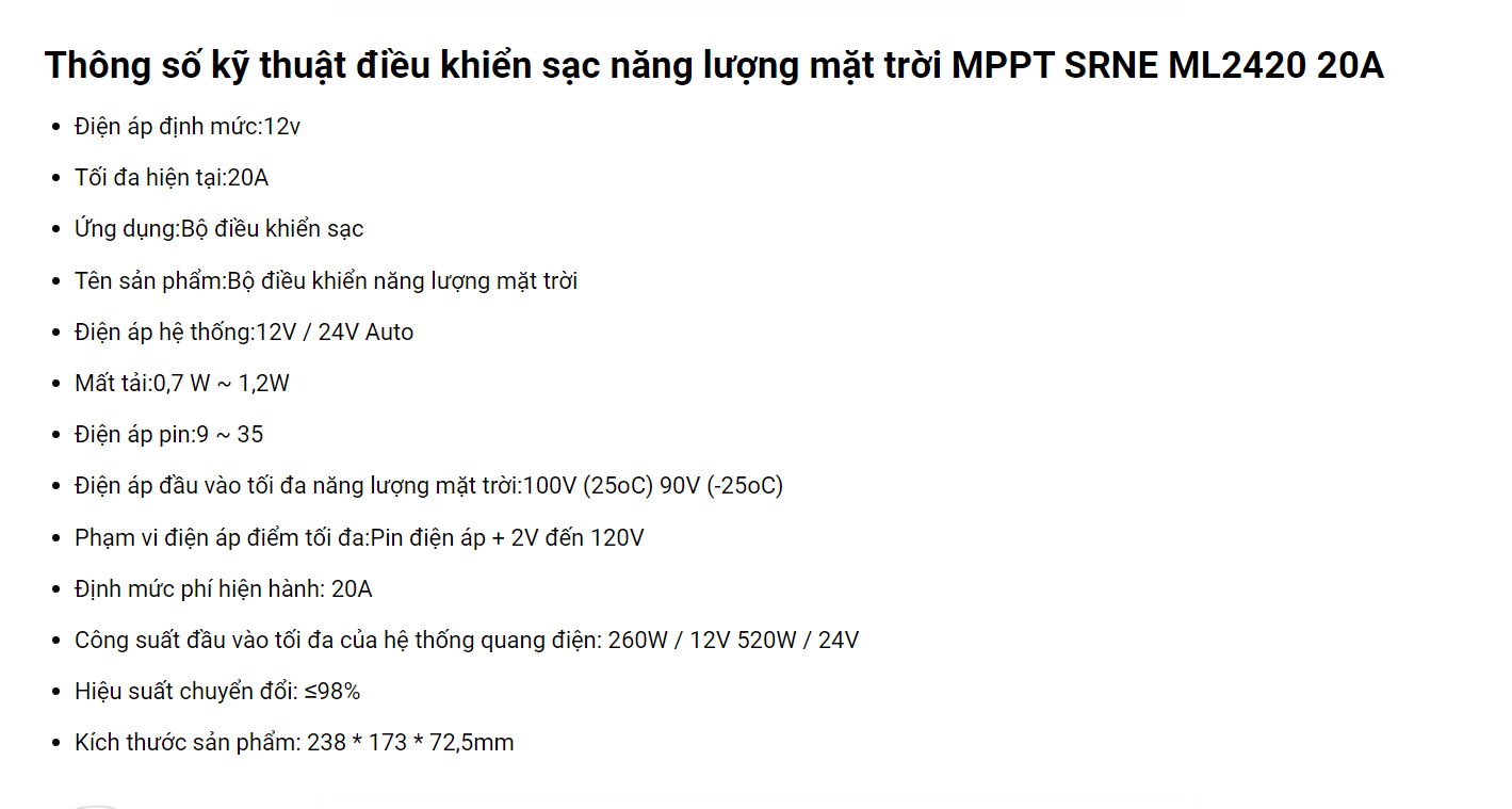 thong so dieu khien sac SRNE 20A | GPsolar