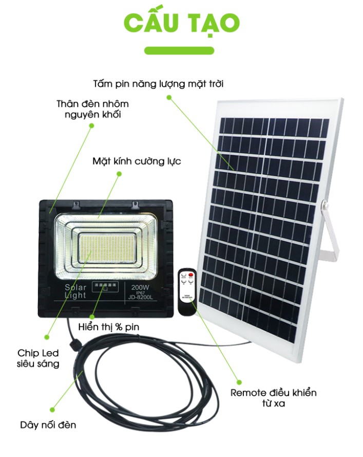 Bộ sản phẩm của Đèn năng lượng mặt trời 200W JD-8200L