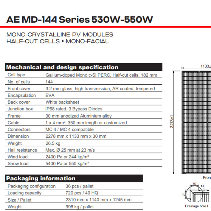 Tấm pin năng lượng mặt trời AE SOLAR 550/580Wp | GPsolar thong so ky thuat ae solar 550wp | GPsolar